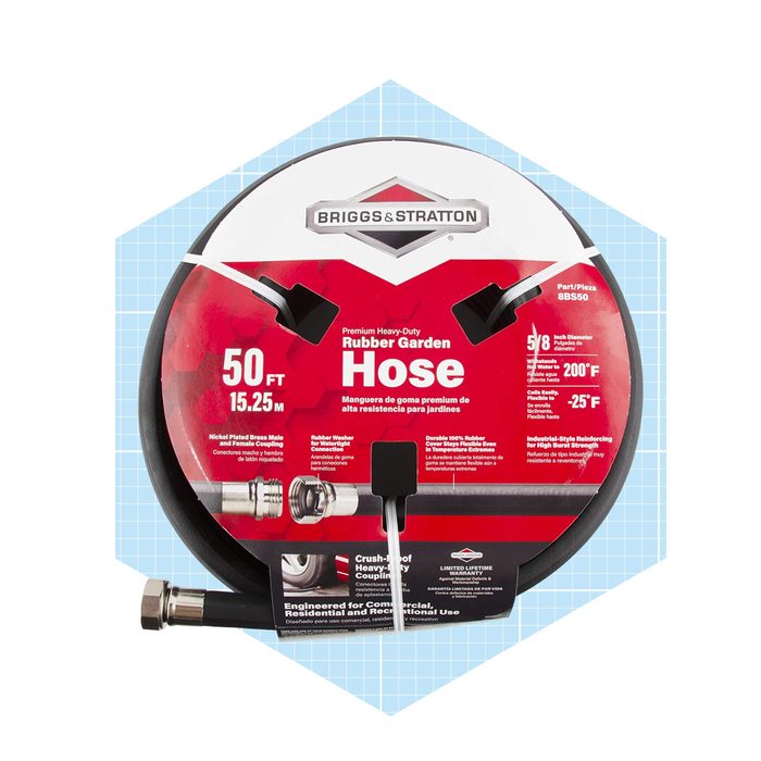 A garden hose coiled on a circular reel, labeled with specifications, displaying a length of 50 feet and 5/8-inch diameter, set against a light blue background.