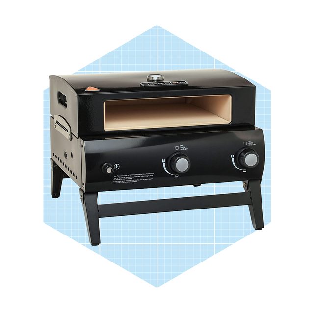 A black outdoor pizza oven sits on a sturdy frame, featuring a large opening and temperature controls for cooking pizzas. Background is a light blue grid.