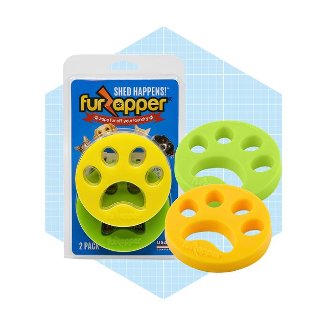 Two colorful fur-catching devices, one yellow and one green, are displayed in packaging with 