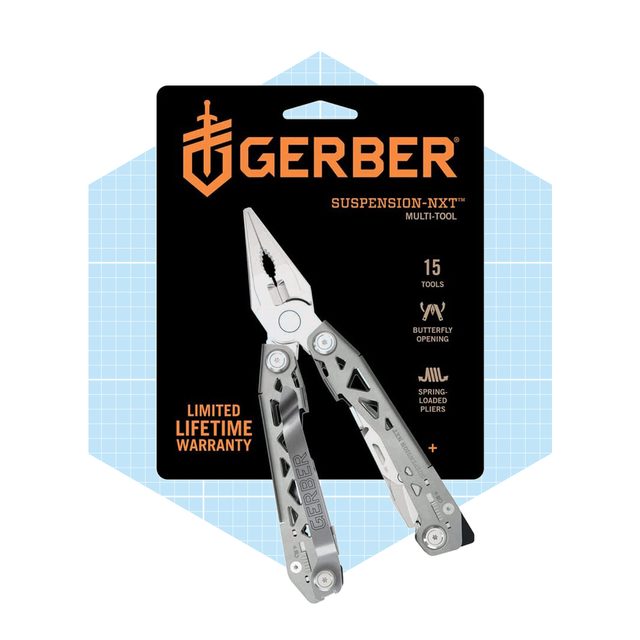 A multi-tool with pliers is displayed, emphasizing functionality with multiple tools. Its packaging highlights features and a limited lifetime warranty on a grid background.