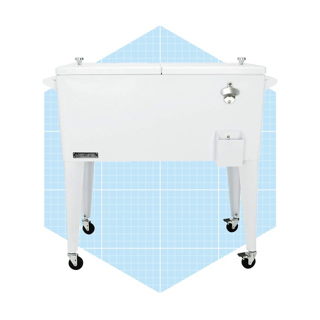 A white cooler rests on wheels, featuring a lid and a spigot, set against a light blue geometric background.