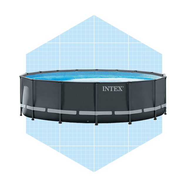 A round above-ground swimming pool is displayed, filled with blue water, against a light blue grid background, featuring the brand name 