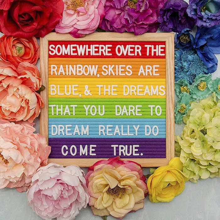 A colorful sign with text rests among various flowers, conveying a message about dreams and hope, set against a vibrant, decorative background.