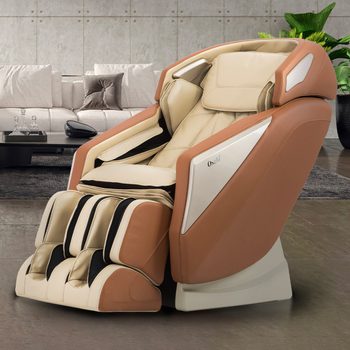 A massage chair reclines in a modern living room, featuring beige and orange upholstery, while a couch and decorative plants provide a cozy backdrop.