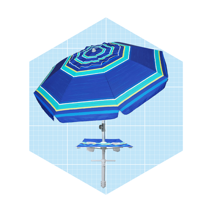A blue striped beach umbrella is opened, providing shade over a small table beneath it, set against a light grid background.