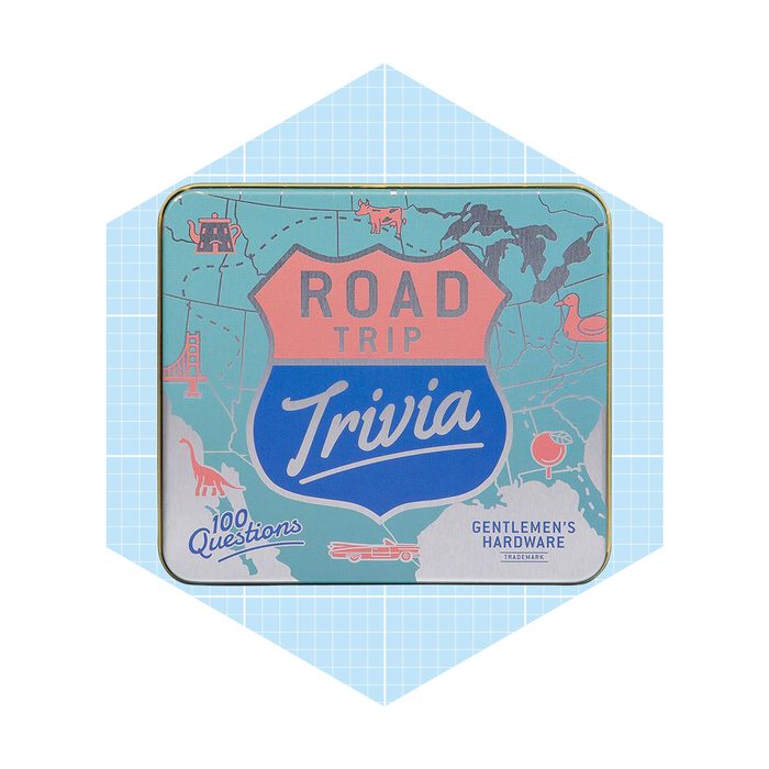 A rectangular trivia game tin features playful graphics of a map, with 
