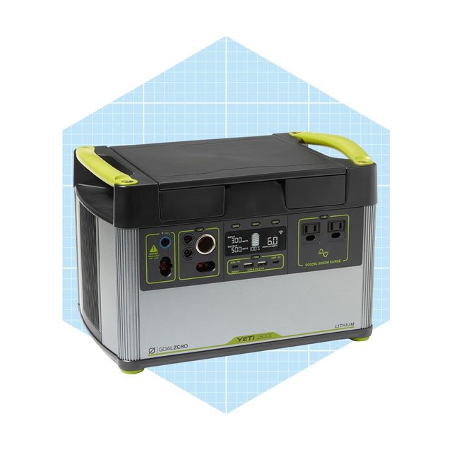 A compact power station with various output ports, displaying a digital interface, placed against a light blue geometric background, designed for portable energy solutions.