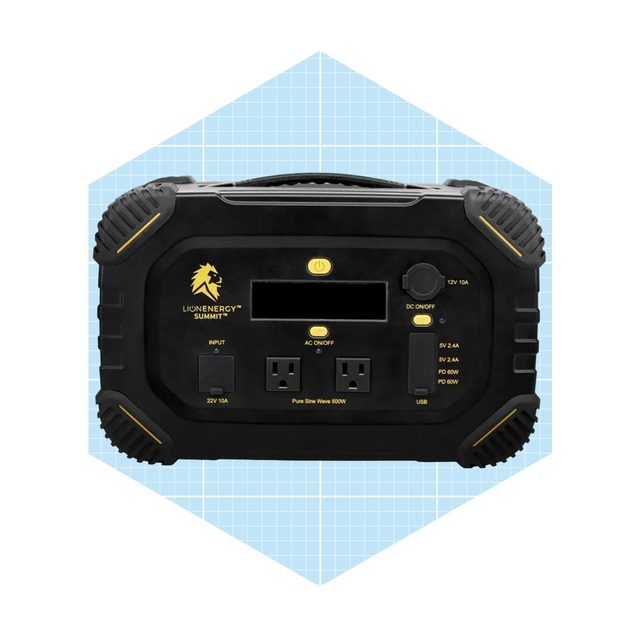 A portable power station features multiple outlets and a digital display, providing power options in a light blue, grid-patterned background.