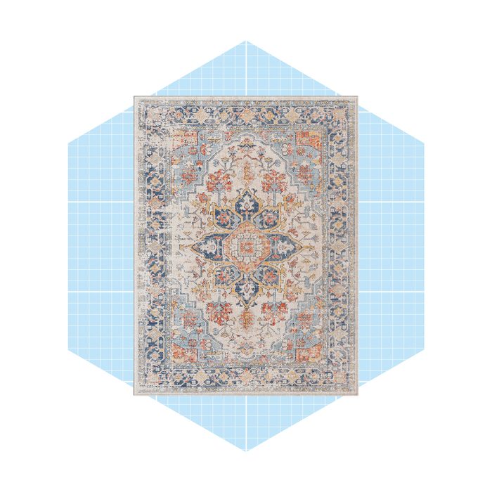 A colorful area rug with intricate floral patterns lies flat against a light blue grid background, showcasing its detailed design and texture.