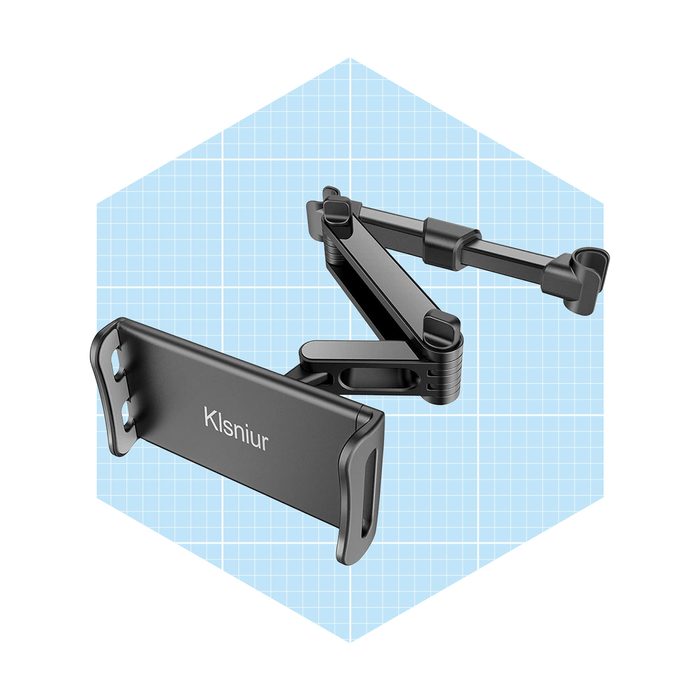 A black phone holder is mounted on an adjustable arm, designed to secure devices securely while allowing flexible positioning, displayed on a light blue grid background.