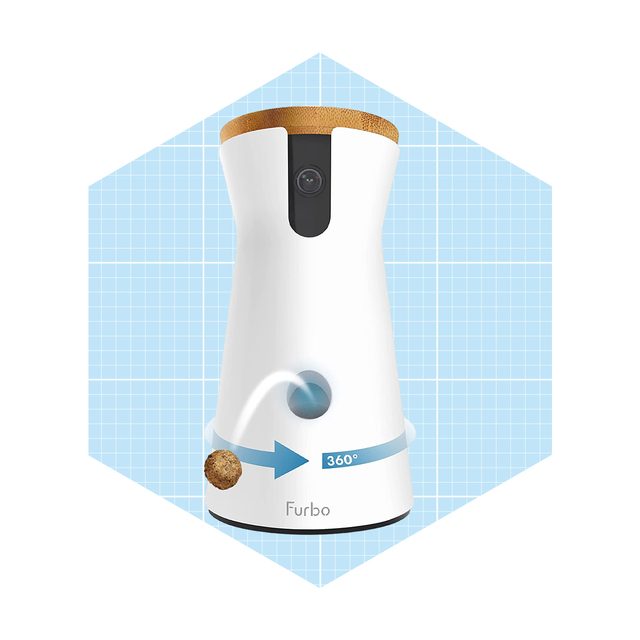 A smart pet camera device dispenses treats in a 360° arc, set against a light blue grid background, featuring a wooden top and a lens.