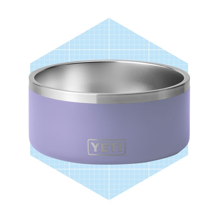 A purple stainless steel pet bowl sits on a light blue geometric background, designed for durability and insulation to keep contents stable.