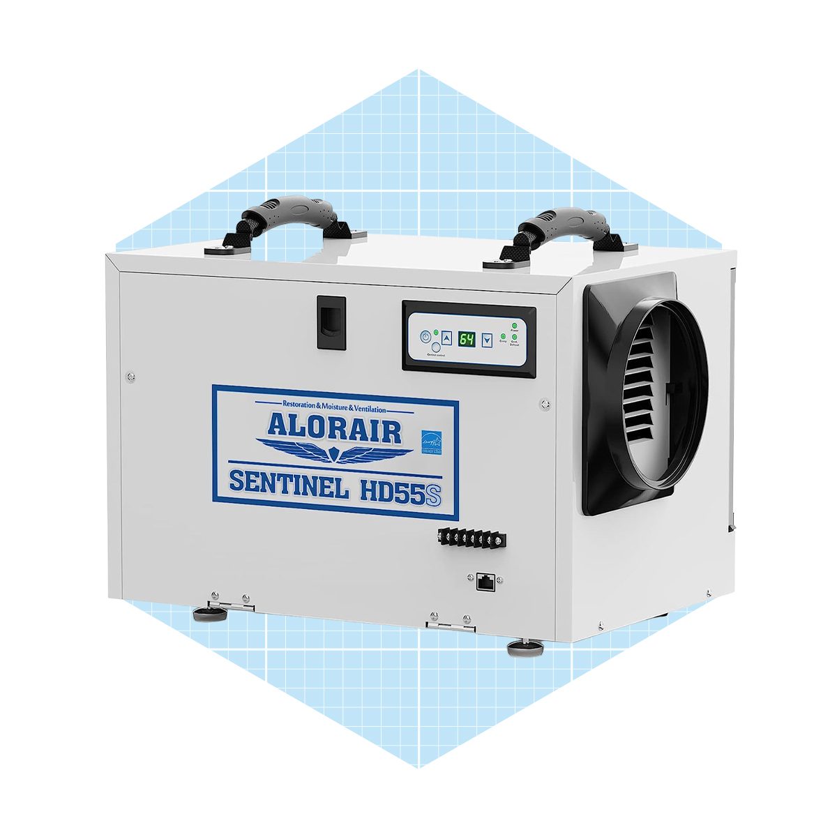 A white dehumidifier with a digital display operates, designed for moisture restoration and ventilation, set against a light blue geometric background.