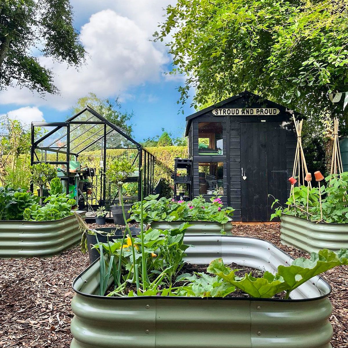 Garden beds filled with vibrant plants surround a black shed labeled "STROUD AND PROUD," under a partly cloudy sky and lush greenery.