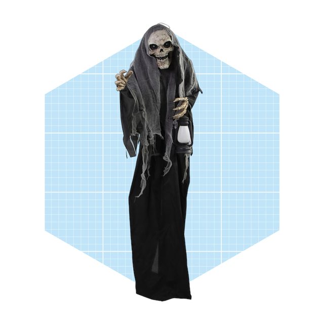 A skeleton in tattered robes holds a lantern, standing against a light blue geometric background, evoking a spooky, Halloween theme.