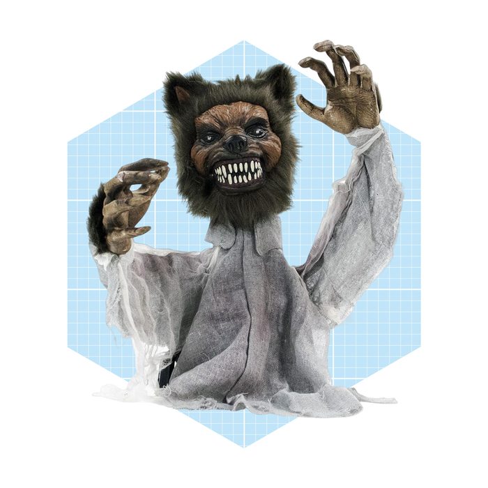 A wolf-like puppet raises its clawed hands, revealing sharp teeth, while draped in tattered fabric, set against a light blue grid background.