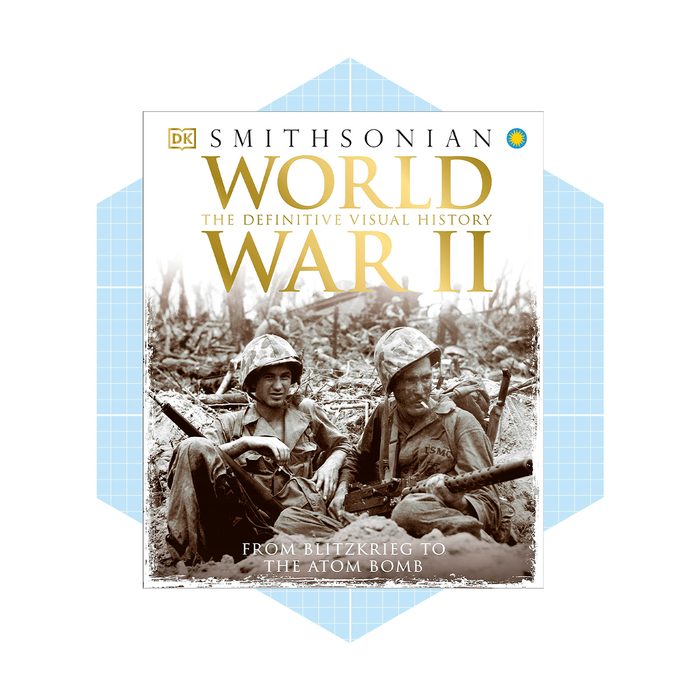 Two soldiers sit amidst war-torn terrain, resting with weapons nearby, while a cover titled 