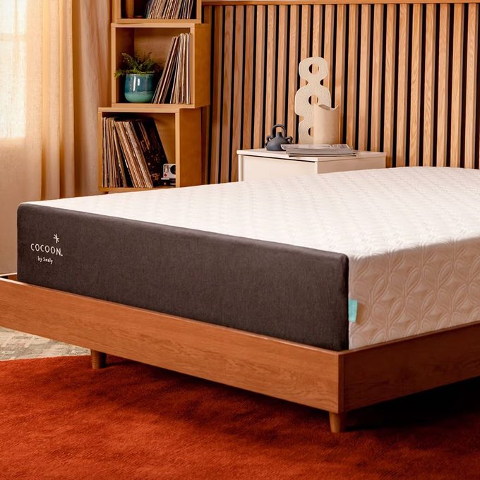 A mattress rests on a wooden bed frame in a cozy room, surrounded by shelves of records, a decorative object, and soft curtains filtering light.