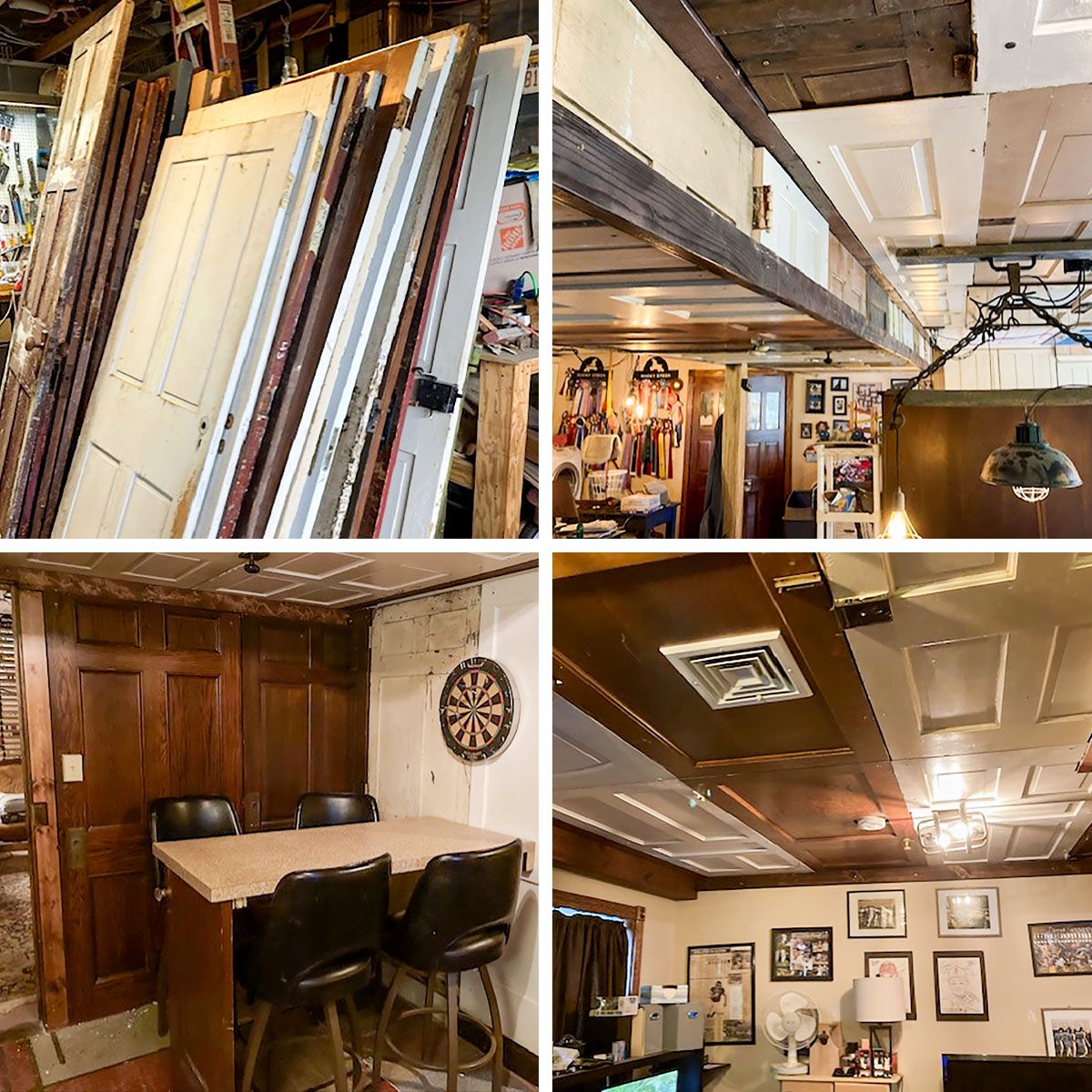 Wooden doors lean against a wall, while a bar area with chairs and a dartboard is visible in a rustic room with various decor.