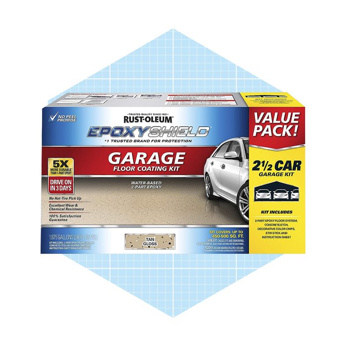 A boxed garage floor coating kit is displayed, promoting its features and applications. It highlights durability and includes information about coverage and components.