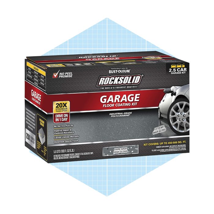 A boxed garage floor coating kit showcases its features, including strength and durability, set against a simple geometric background.