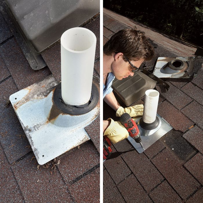 A person using a drill to fix a chimney