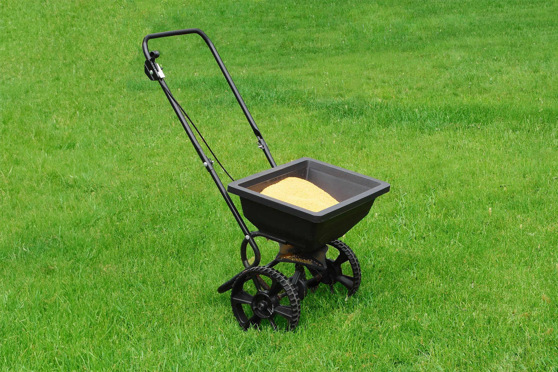 Fertilizer spreading kit against green lawn