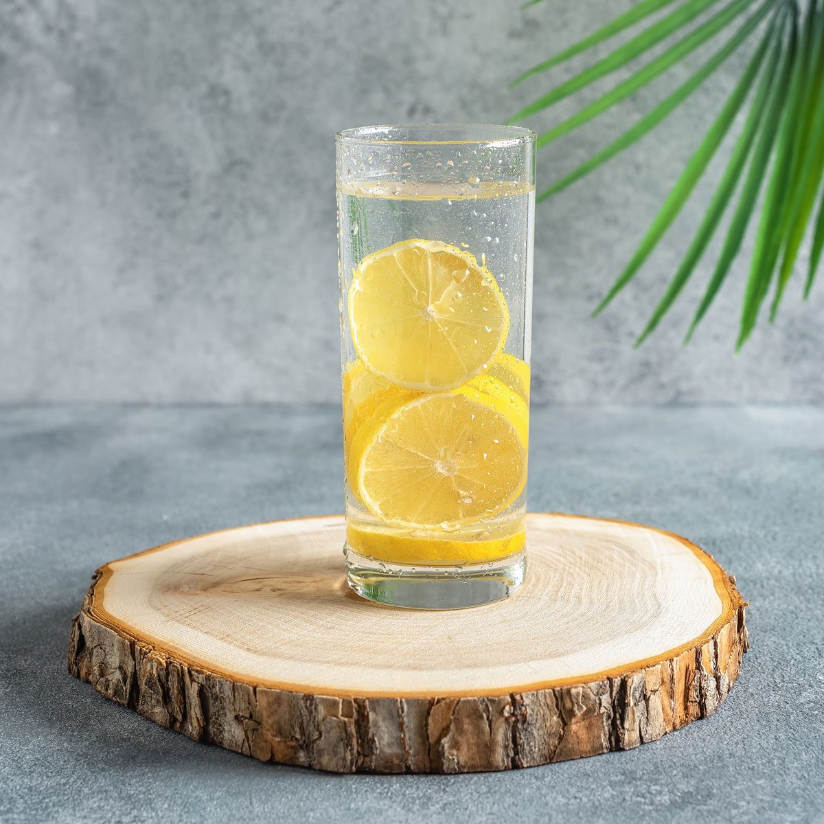 Glass With Cold Water And Lemon On Tree Stump Tray Gettyimages 1390895144