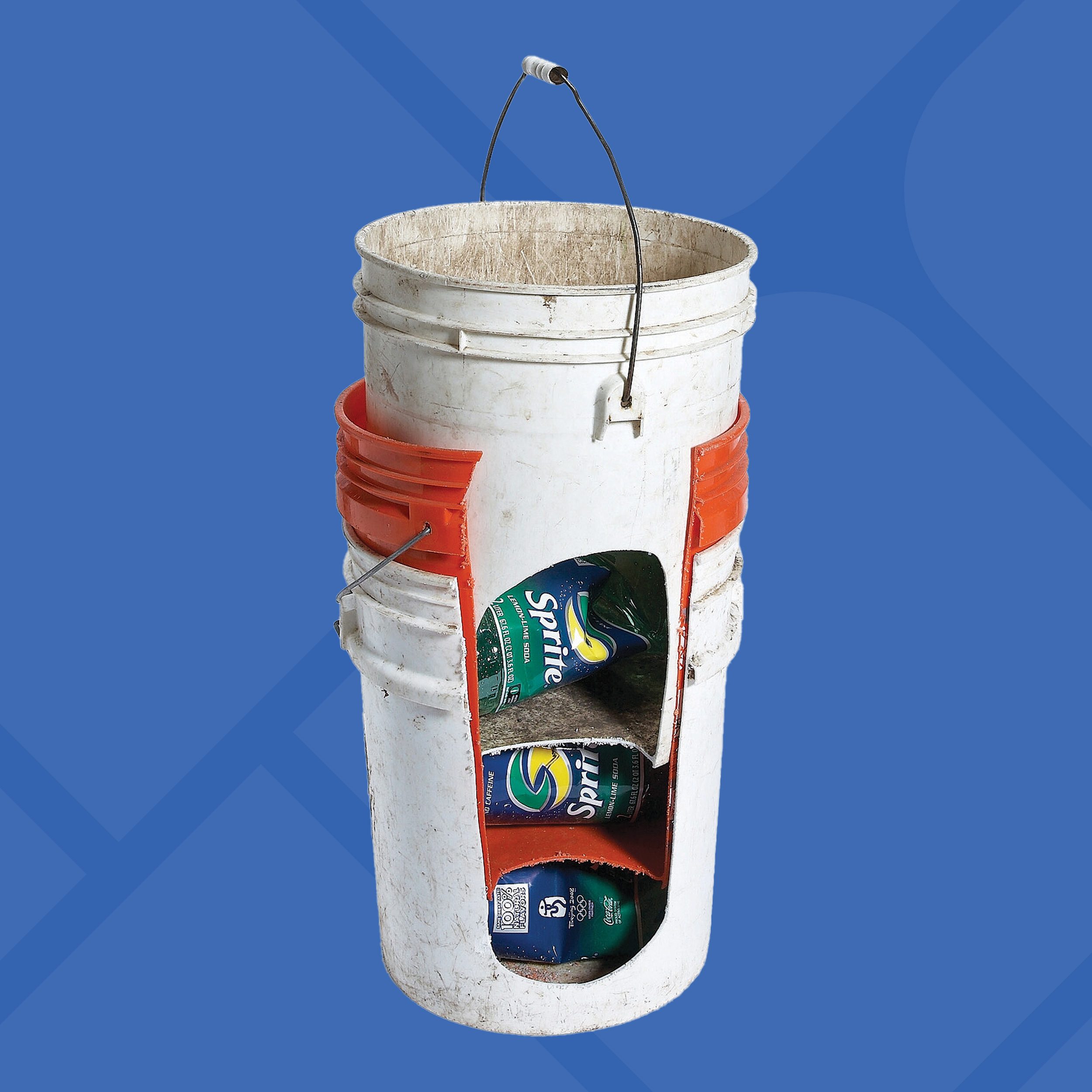 A white bucket with a large cutout displays three cans inside, including Sprite and Seagram's. The bucket is set against a blue background with a handle at the top.
