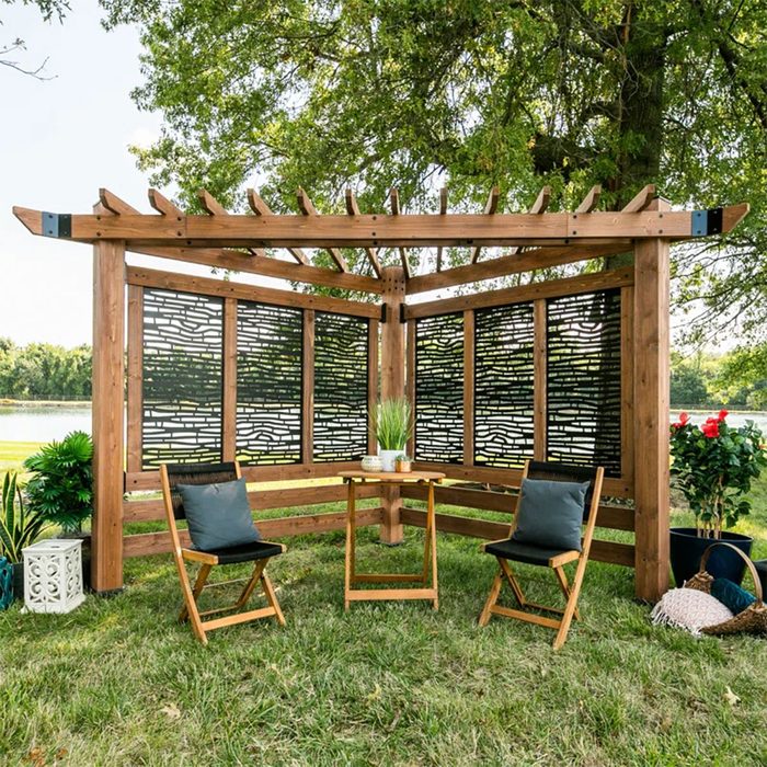 Backyard Discovery Verona Cedar Wood Outdoor Cabana Corner Pergola With Privacy Panels