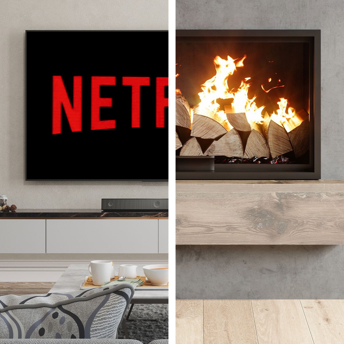 TV and fireplace side by side in split screen
