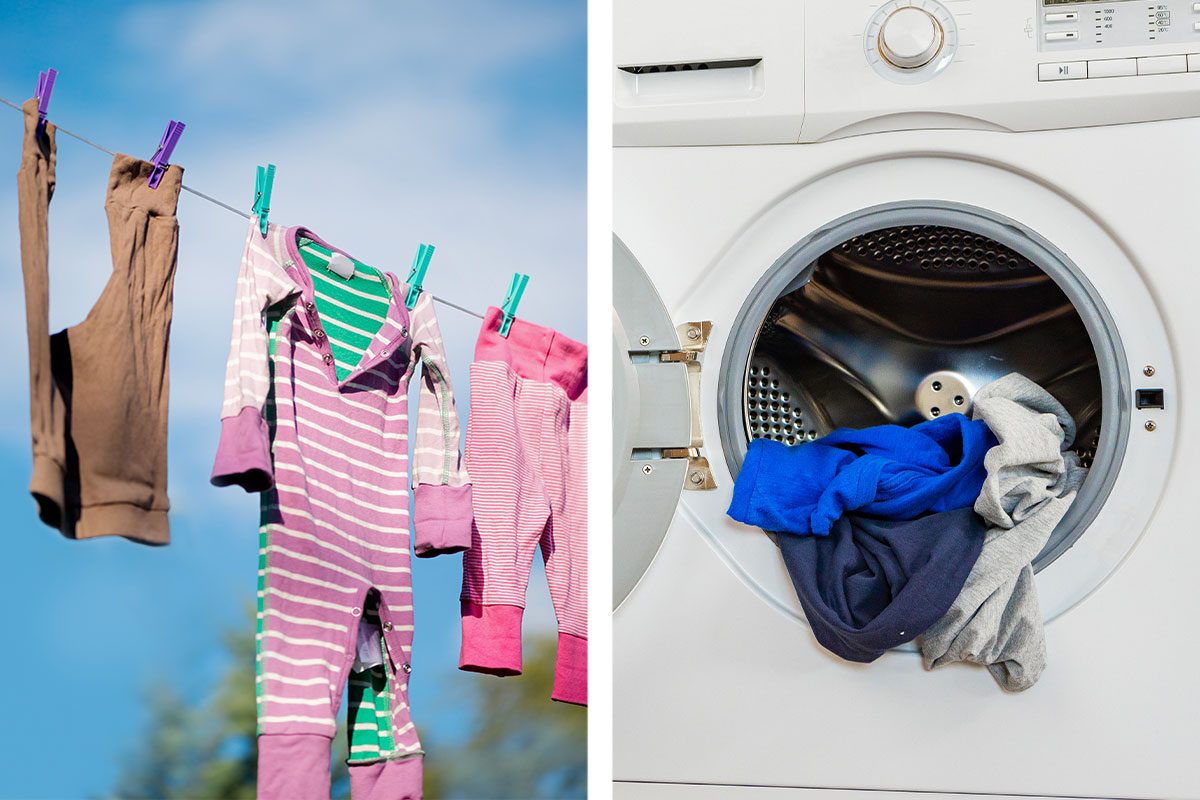 Side by side photo of line dry clothes (Left) and tumble dryer (Right)
